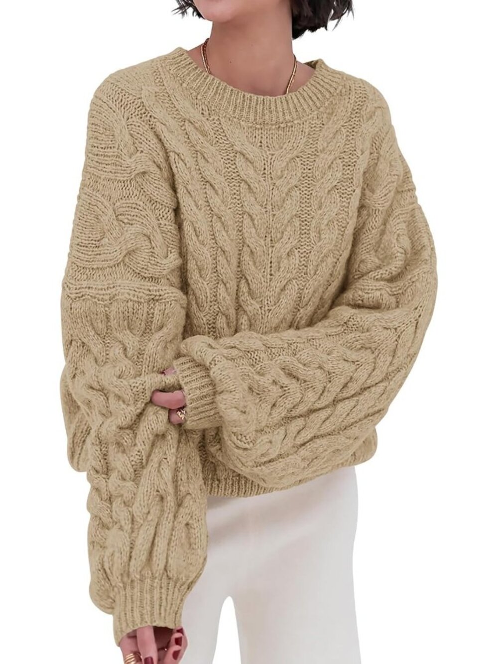 Women's Dark Khaki Cable Knit Long Sleeve Crewneck Oversized Chunky Sweaters